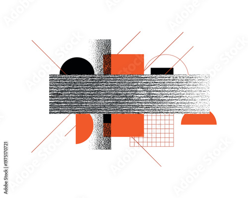 close-up of grainy radio interference with abstract geometry, monochrome noise texture combined with bold orange blocks and diagonal lines, semicircles and
