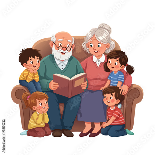 Elderly couple reading a book to their grandchildren gathered on a sofa