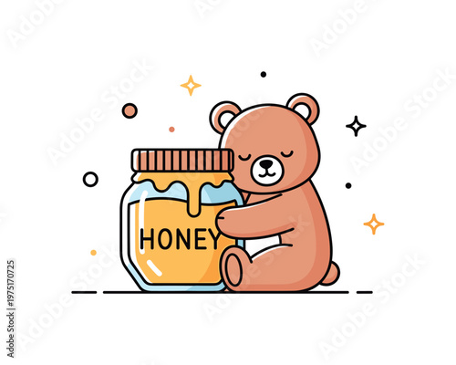 Honey comfort scene a small bear sitting calmly while hugging a honey jar with soft shadows grounding the composition. The illustration conveys relaxation and