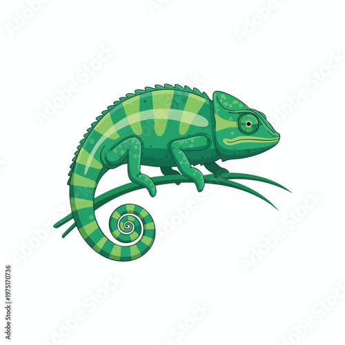 A stylized green chameleon with striped pattern perches on a branch