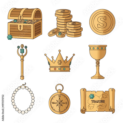 A treasure chest overflowing with coins and jewels, surrounded by other fantasy riches
