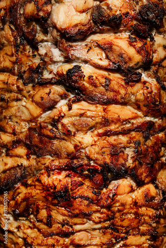Картината върху платно Kebab style grilled chicken meat texture with layered juicy slices
Shawarma meat