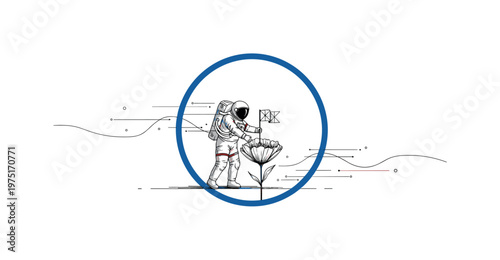 minimal astronaut enclosed in a blue circular frame planting flag on a stylized flower, thin linear elements suggesting motion and life, high contrast black
