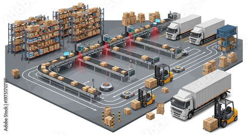 Isometric illustration of a modern fulfillment center showcasing warehouse automation, including conveyor belts, parcel sorting, AGV robots, forklifts, and industrial storage racks