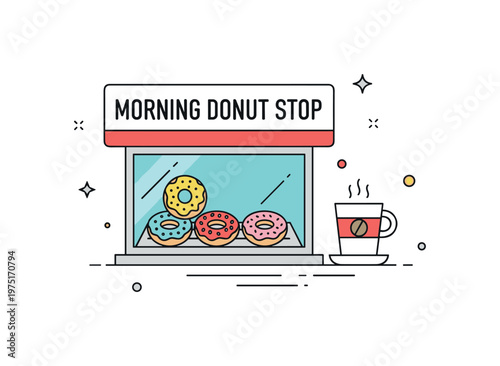 Morning donut stop a small shop window with a few fresh donuts and a simple coffee cup icon suggesting a quick breakfast treat. A light and relatable everyday