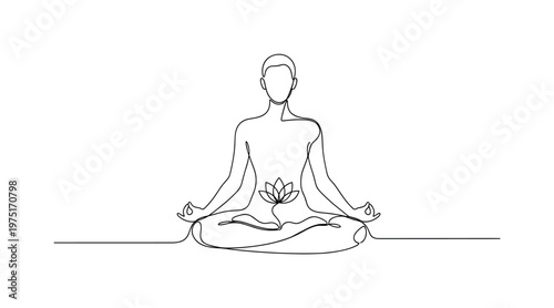 Spiritual Yoga Illustration. Minimalistic one-line drawing seated yogi in lotus position with small lotus blossom at center, continuous single black line on
