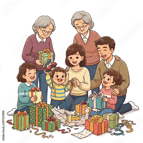 Multi-generational family happily unwrapping presents together