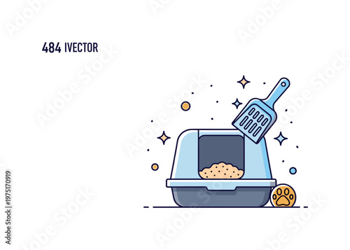 Pet litter maintenance concept centered on a litter box, scoop tool, and small sparkle accents expressing cleanliness, freshness, and daily care. Minimalist