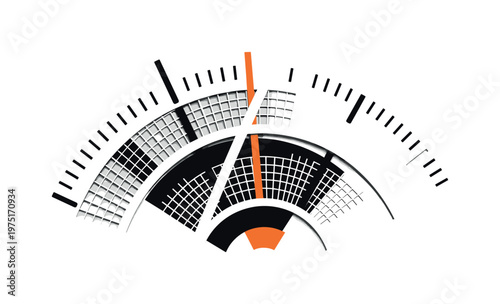 close-up of tuning scale with abstract geometry, monochrome dial markings combined with circular grids and diagonal bars, layered cut-out effect with white