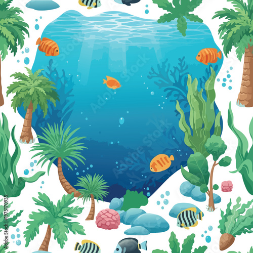 Tropical reef scene with palm trees, vibrant fish, coral, rocks, and underwater plants