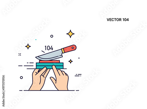 Garden tool maintenance concept centered on a blade being sharpened with a stone and subtle motion lines expressing precision, upkeep, and