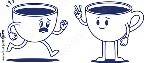 Minimal Blue Line Art Quirky Coffee Cup Characters Running and Calm Vector Illustration