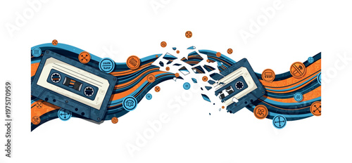 fragmented cassette tape breaking into flowing wave shapes, overlapping orange and blue circles with abstract symbols, layered collage look with strong