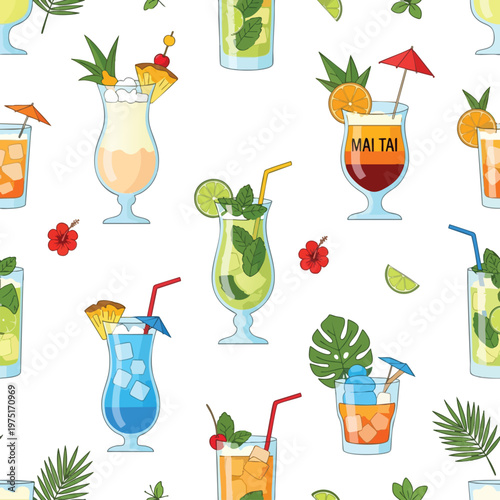 Vibrant cocktail assortment with tropical garnishes and leaves