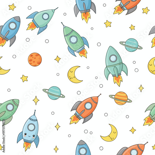 Whimsical cartoon space pattern with rockets, planets, moons, and stars