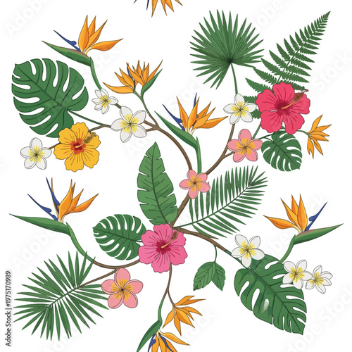 A vibrant pattern of tropical flora including hibiscus, plumeria, and bird of paradise flowers on green leaves
