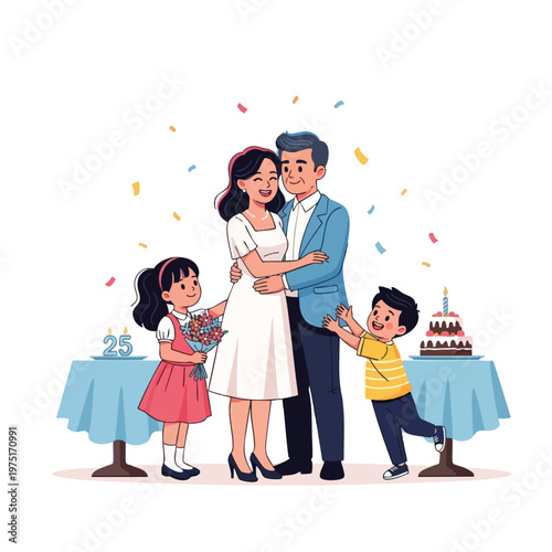 Happy family celebrating 25th anniversary with cake, flowers, and confetti