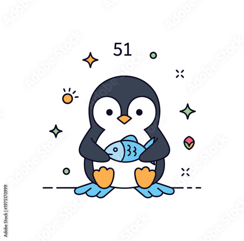 Mini penguin with fish adorable tiny penguin holding a small fish in flippers with playful sparkles and tiny decorative accents around. Minimalist flat vector