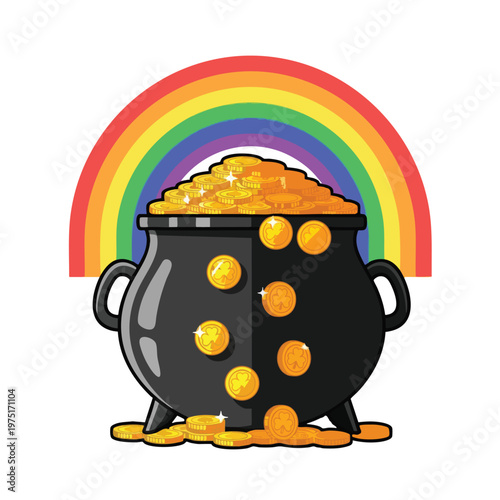 A pot brimming with gold coins sits under a vibrant rainbow
