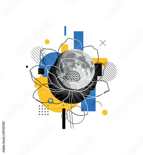 moon flower macro texture with abstract geometric blocks circles and lines, black and white detailed lunar texture blending into flower petals with white