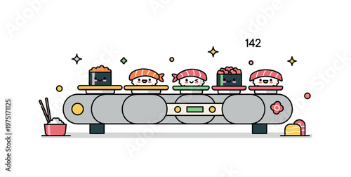 Tiny sushi belt charming mini conveyor belt with colorful sushi plates, a few pieces with happy expressions, and subtle sparkles around for a playful scene.