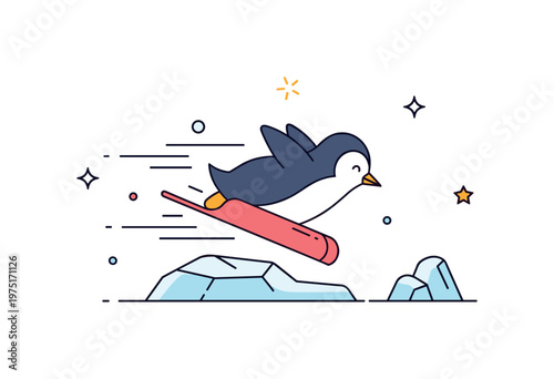 Ice slide moment a cute penguin gliding with smooth motion lines and a balanced composition on a small ice patch. The scene highlights simplicity and playful