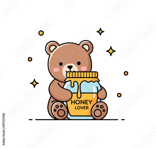 Honey lover bear a tiny bear holding a honey jar close with gentle dripping details and small sparkles around. The composition conveys indulgence and cozy