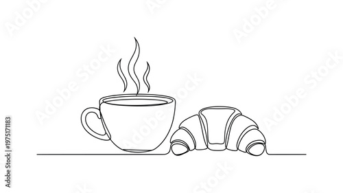 Warm Aroma. Minimalistic one-line drawing a steaming coffee cup with a croissant beside it, continuous single black line on white background, simple outline