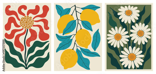 Mid Century Modern Botanical Illustrations of Flowers and Lemons in a Triptych red flower