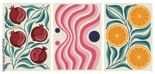 Triptych Wall Art with Pomegranates, Oranges, and Abstract Wavy Lines art print