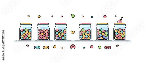 Colorful sweets jars a small set of jars with bright candies arranged symmetrically with clean spacing. A fresh and playful illustration of dessert variety,