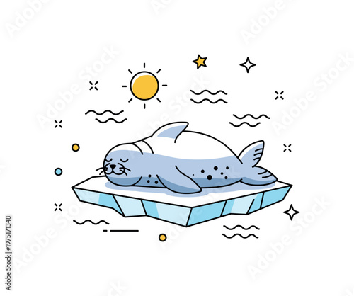 Seal relaxation a chubby seal lying on its back on a drifting ice piece with a tiny sun and soft waves creating a peaceful arctic mood. The scene conveys