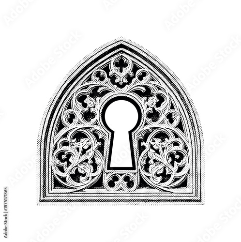 A gothic keyhole plate with elaborate carved tracery and pointed arch design, enlarged and centered with negative space, black and white halftone illustration,