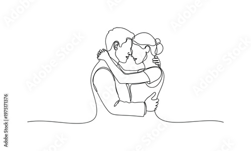 Togetherness. Minimalistic one-line drawing a couple in a close embrace with balanced composition, continuous single black line on white background, simple