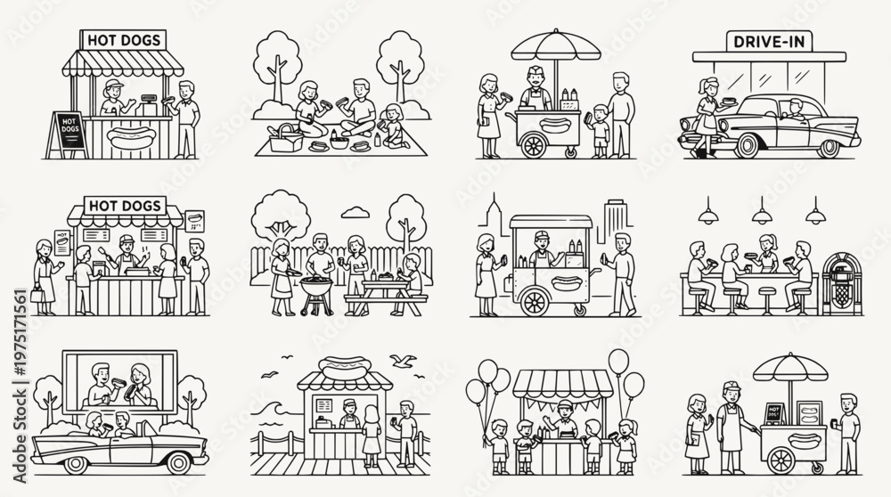 Obraz premium Line art illustration set of people enjoying street food and outdoor activities