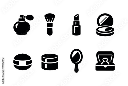 Beauty Vanity Icons. Beauty Vanity. Filled icon set of Beauty Vanity: perfume bottle, makeup brush, lipstick,