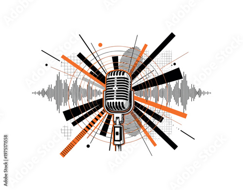 vintage microphone broadcasting abstract signals, monochrome mic combined with circular wave patterns and diagonal bars, layered geometric elements and subtle