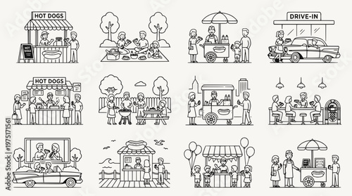 Line art illustration set of people enjoying street food and outdoor activities