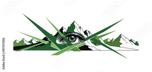 giant eye integrated into mountain landscape, green geometric shapes and sharp lines slicing through scene, conceptual surreal layout with flat colors, modern