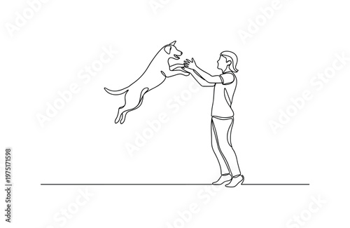 Playful Moment. Minimalistic one-line drawing a dog jumping toward its owner in a joyful interaction, continuous single black line on white background, simple