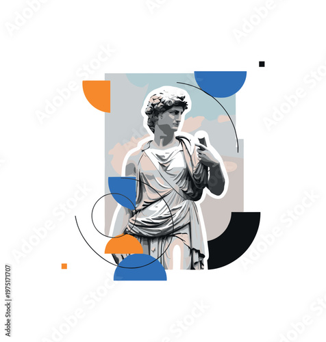 classical statue dreamy sky landscape with layered circles cylinders and geometric shapes, black and white marble statue placed in surreal pastel sky landscape