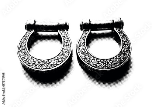 A pair of shackles with engraved metal texture and dense halftone shadows, black and white halftone illustration, editorial print aesthetic, high contrast,