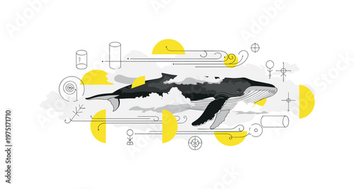 side view of whale gliding through clouds, yellow semicircles and thin black lines suggesting wind and motion, abstract cylinders and symbols around, balanced