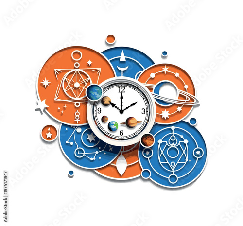 cut-out vintage clock with planets and overlapping orange and blue circles with abstract symbols, layered paper collage look with white outlines, surreal