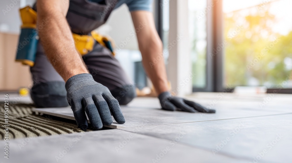Fototapeta premium Close-up of a male worker laying tiles in a modern interior space.