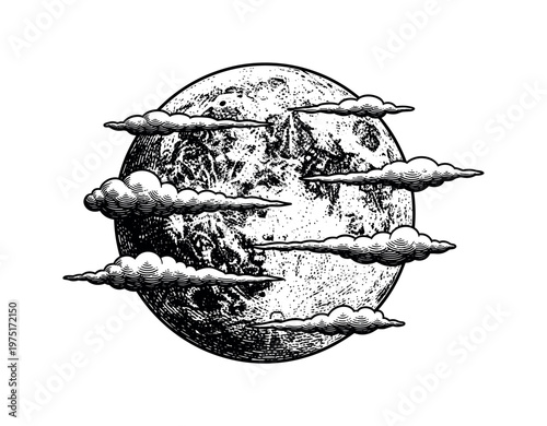 A circular moon shape with drifting cloud bands crossing it, rendered in engraved linework and halftone gradients, black and white illustration, vintage