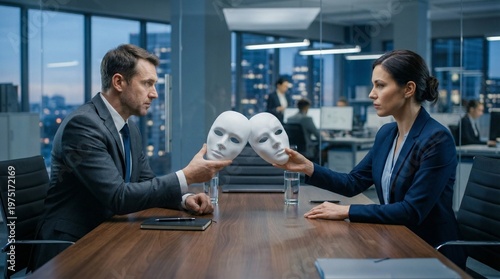 Two business professionals exchanging white theatrical masks across conference table in evening office