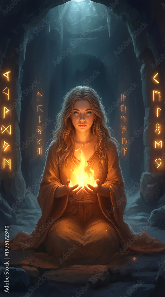 Fototapeta premium Priestess performing fire ritual in ancient stone temple with glowing runes. Mystical ceremony in dark cavern with magical symbols on pillars.