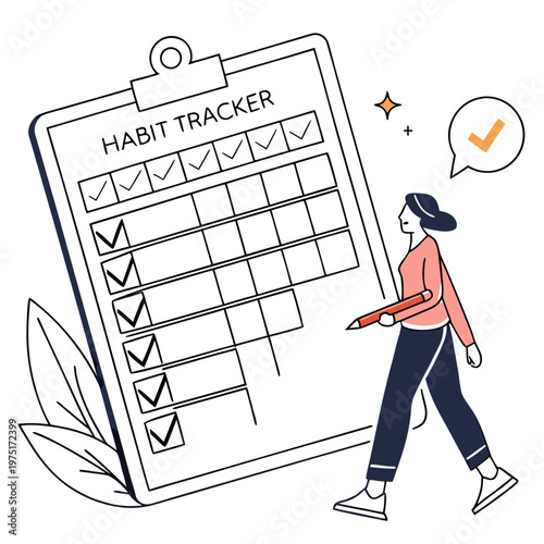 A woman using a habit tracker checklist on a clipboard to stay organized and focused