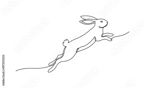 Energetic Hop. Minimalistic one-line drawing a rabbit springing upward with elongated body line, continuous single black line on white background, simple